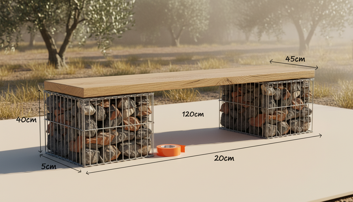 Plan coté d'un banc gabion : deux cubes 40 × 40 × 40 cm espacés de 120 cm, planche bois 200 × 45 × 5 cm