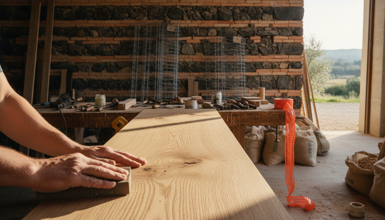 Planche de chêne 200 × 45 × 5 cm en cours de ponçage à la ponceuse excentrique