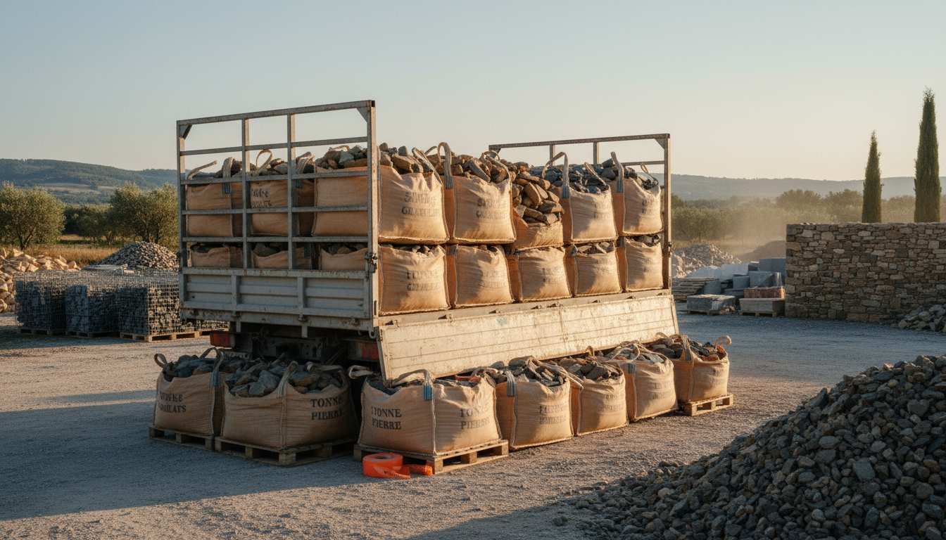 Big-bags de pierre de gabion 500 kg et 1 tonne empilés sur un camion de livraison dans une cour de matériaux