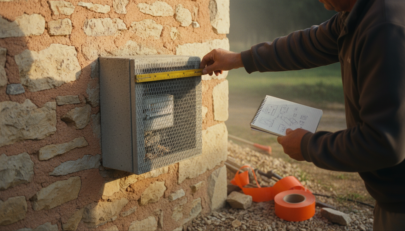 Personne mesurant un coffret compteur électrique avec un mètre ruban, carnet avec dimensions