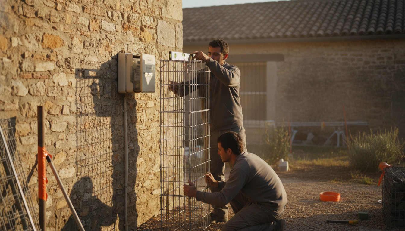 Gabion mince positionné devant un compteur EDF, deux personnes vérifiant l'alignement au niveau