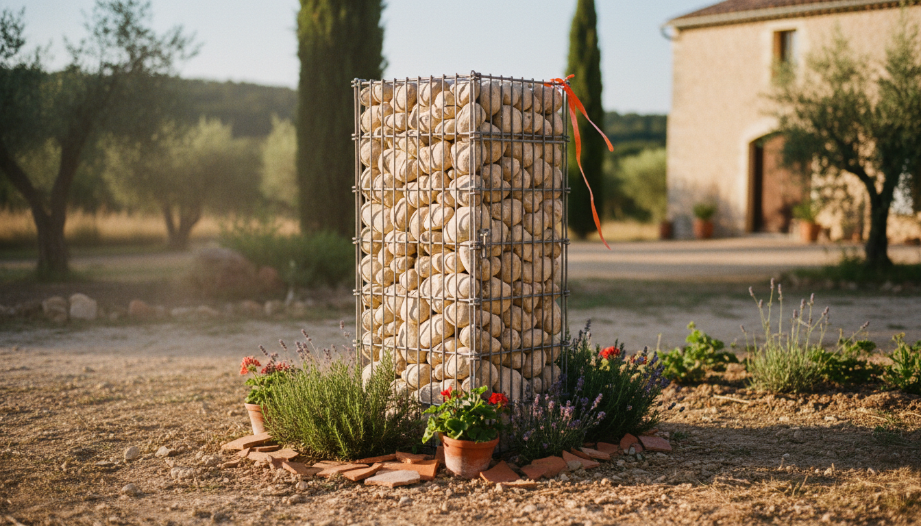 Cache-compteur gabion terminé dans un jardin, porte d'accès latérale en grillage avec charnières inox