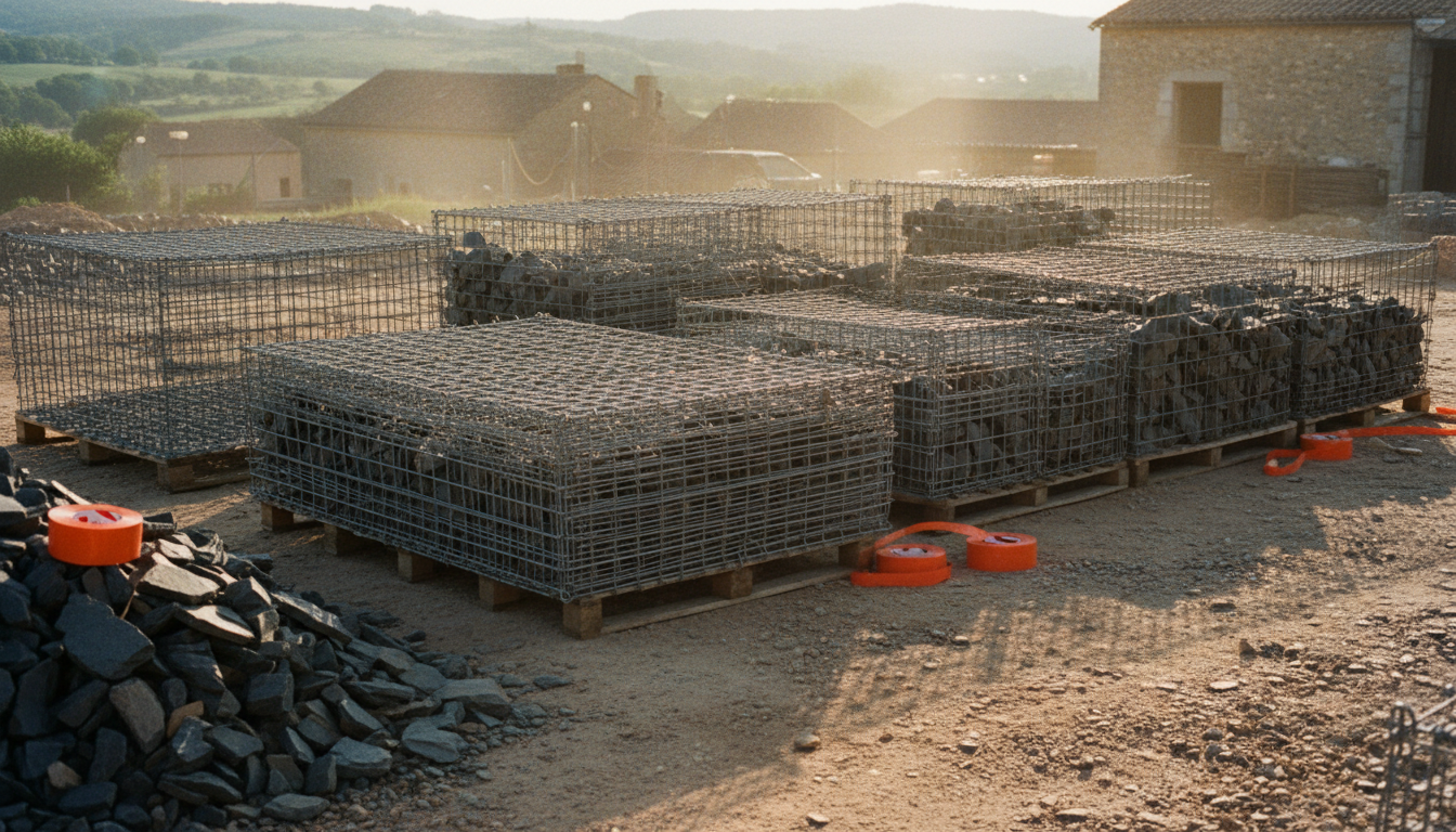 Cages gabion vides empilées à plat, prêtes à être assemblées et remplies sur un chantier paysager