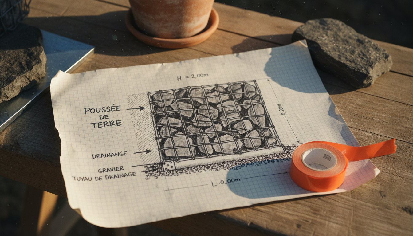Schéma technique d'un mur gabion en coupe avec flèches de poussée de terre, drainage au pied et dimensions cotées