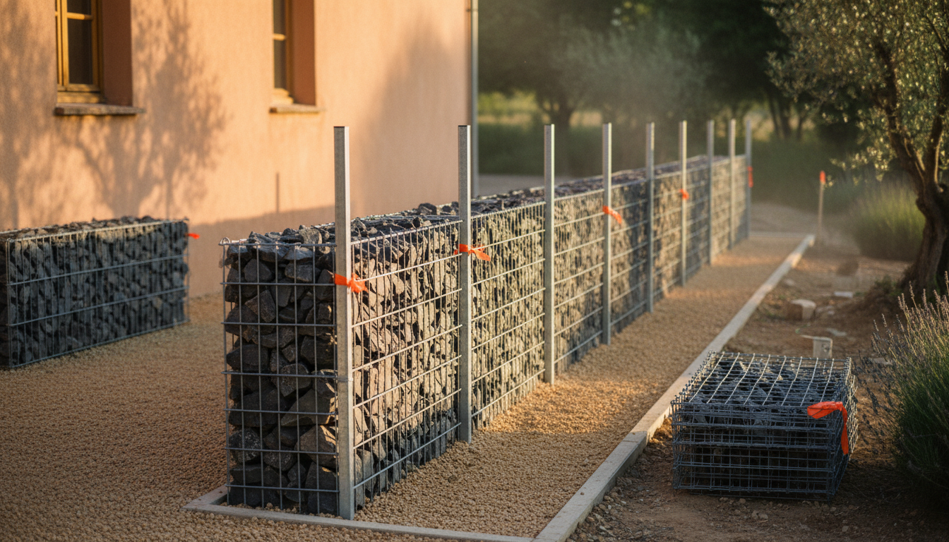 Clôture gabion mince de 15 cm d'épaisseur tenue par des poteaux acier en limite de terrain