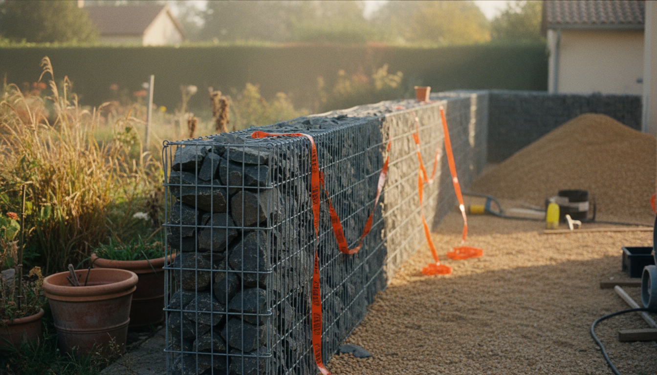 Clôture en gabion en limite de propriété entre deux jardins résidentiels français