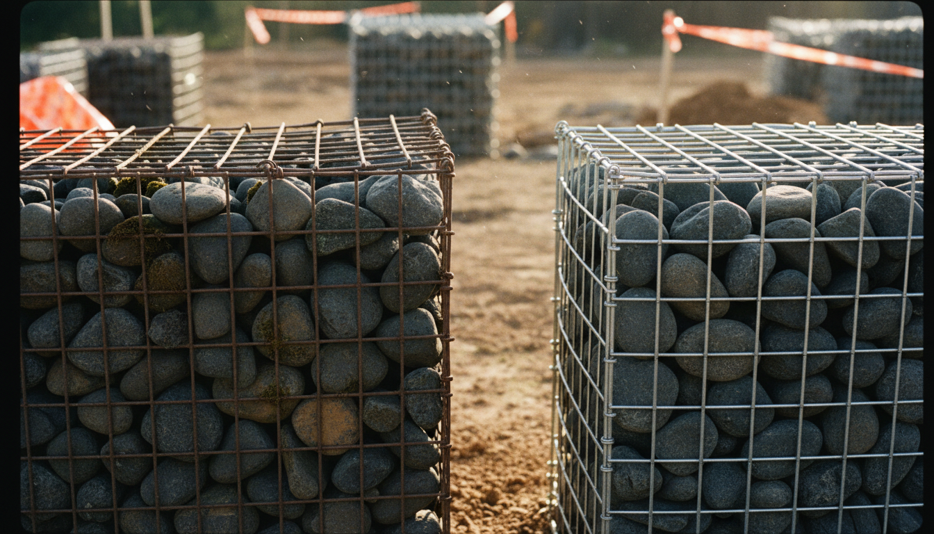 Gabion ancien 30 ans patiné comparé à un gabion neuf fraîchement posé
