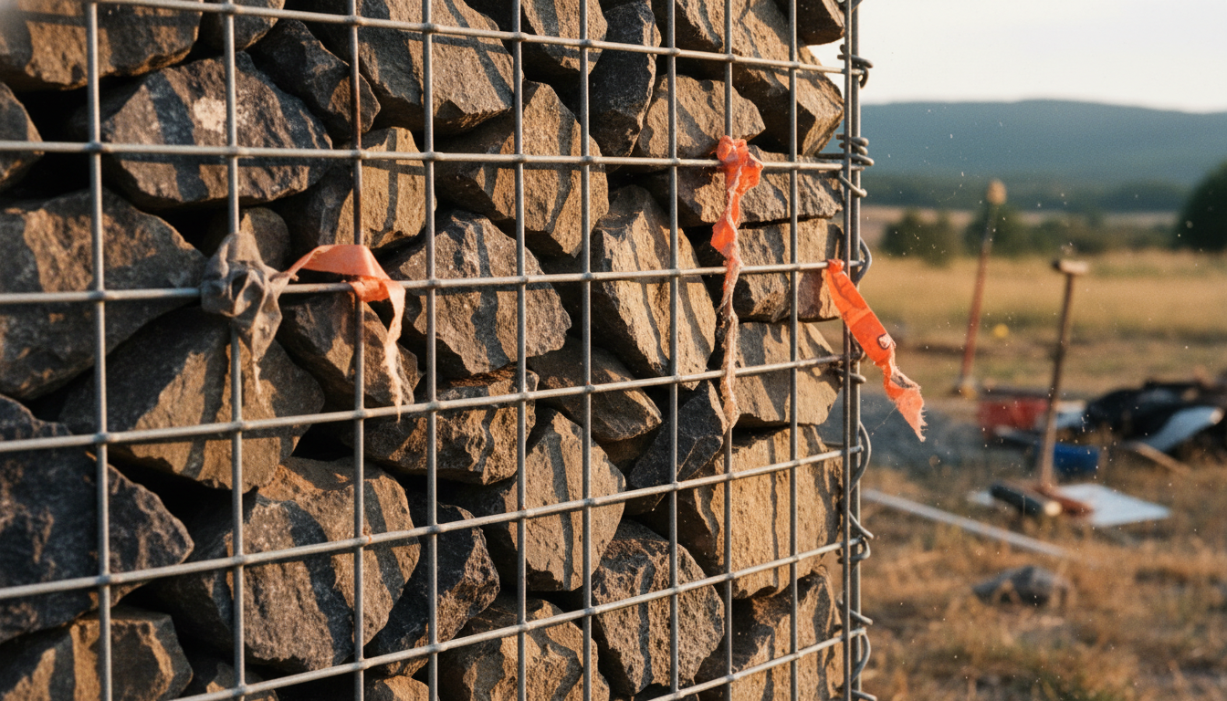Mur gabion éclairé par un ruban LED blanc chaud glissé entre deux pierres calcaires, ambiance soir tombé dans un jardin contemporain