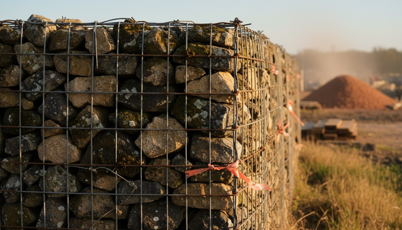 Mur gabion de 6 ans patiné par la mousse et le lichen, détail texture pierre et grillage gris argenté