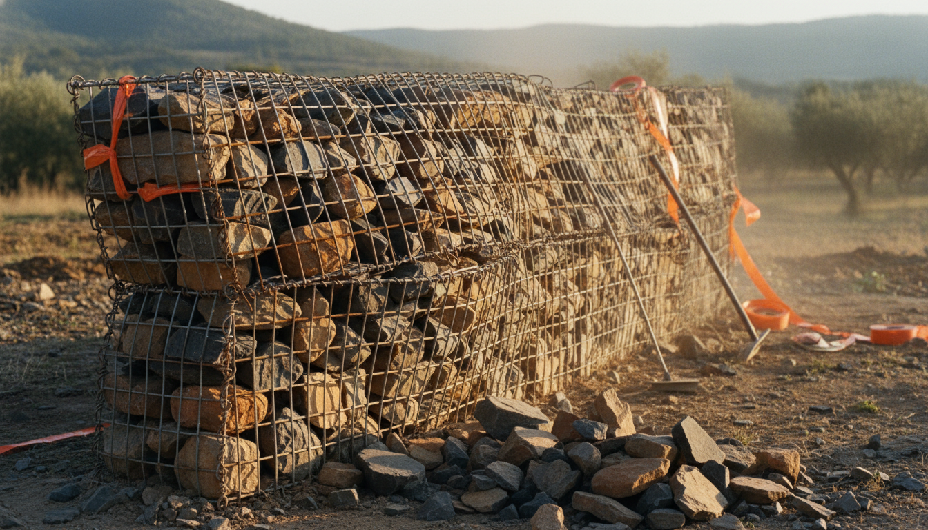 Mur en gabion mal posé : face bombée, rouille, pierres qui tombent à travers la maille