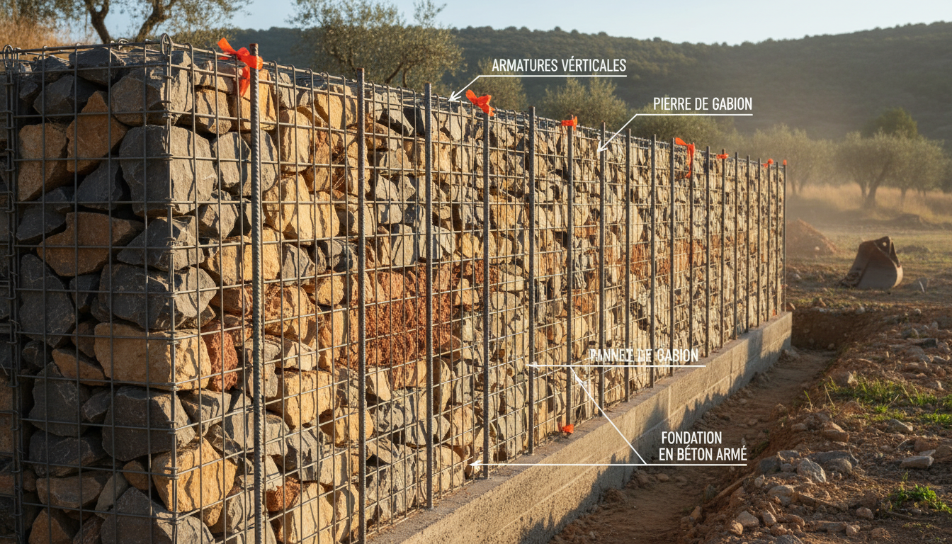 Schéma technique d'un mur gabion ferraillé : barres verticales traversant les cages et ancrées dans la semelle béton