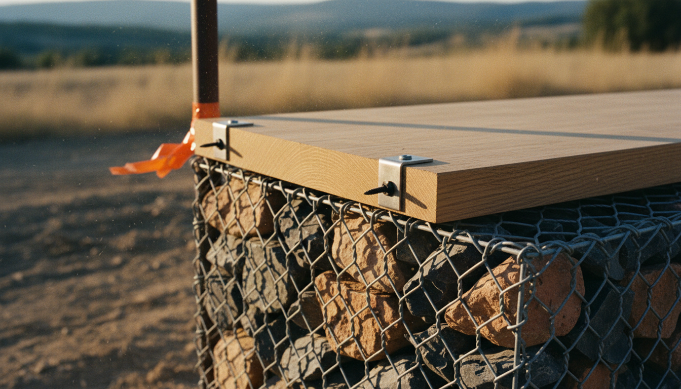 Équerre inox vissée sous une planche de chêne et agrafée au grillage du couvercle d'un gabion, gros plan sur la fixation
