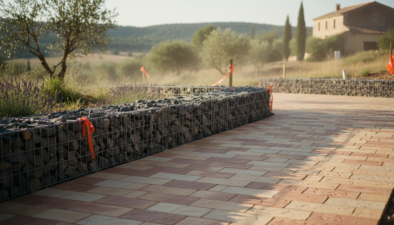 Bordure de gabion 40 cm délimitant une allée carrossable pavée en béton, paysagé Drôme