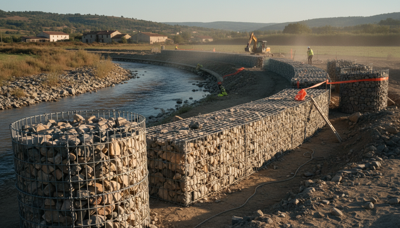 Cages gabion rectangulaires et cylindriques empilées pour stabiliser une berge de rivière française contre l'érosion