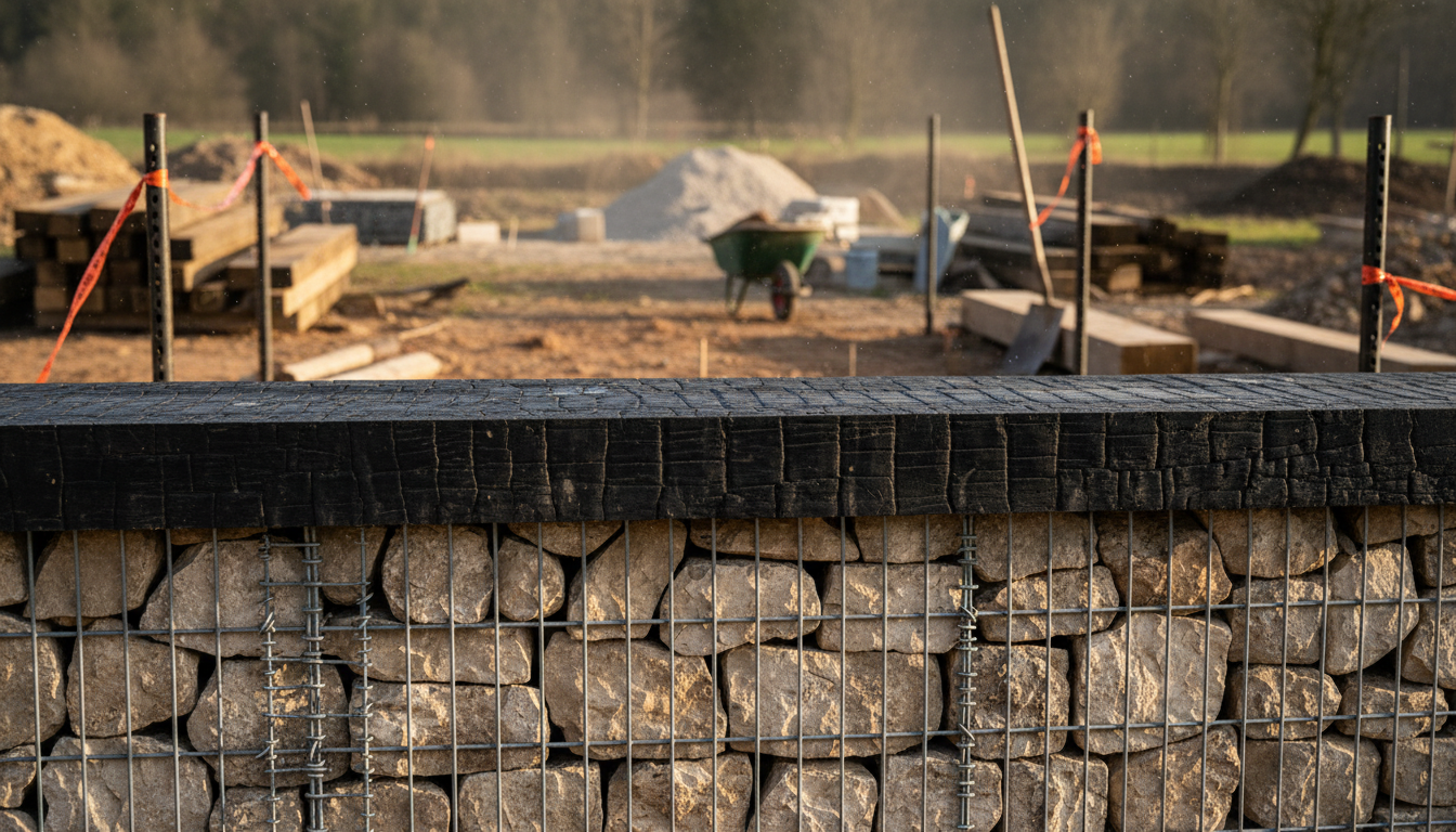Mur gabion avec chapeau en bois brûlé shou sugi ban noir profond posé sur pierres calcaires claires, jardin contemporain Drôme
