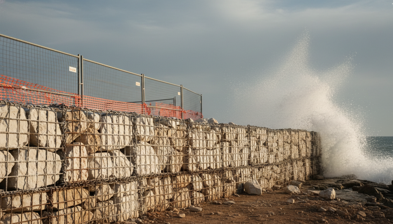 Mur gabion en bord de mer Méditerranée, pierres calcaires blanches et fil patiné par les embruns salins, ciel gris-bleu