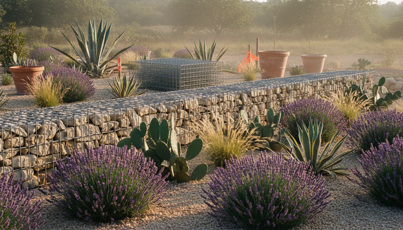 Muret gabion pierres calcaires claires avec opuntia, agaves et lavandes en massif sud, Drôme provençale été