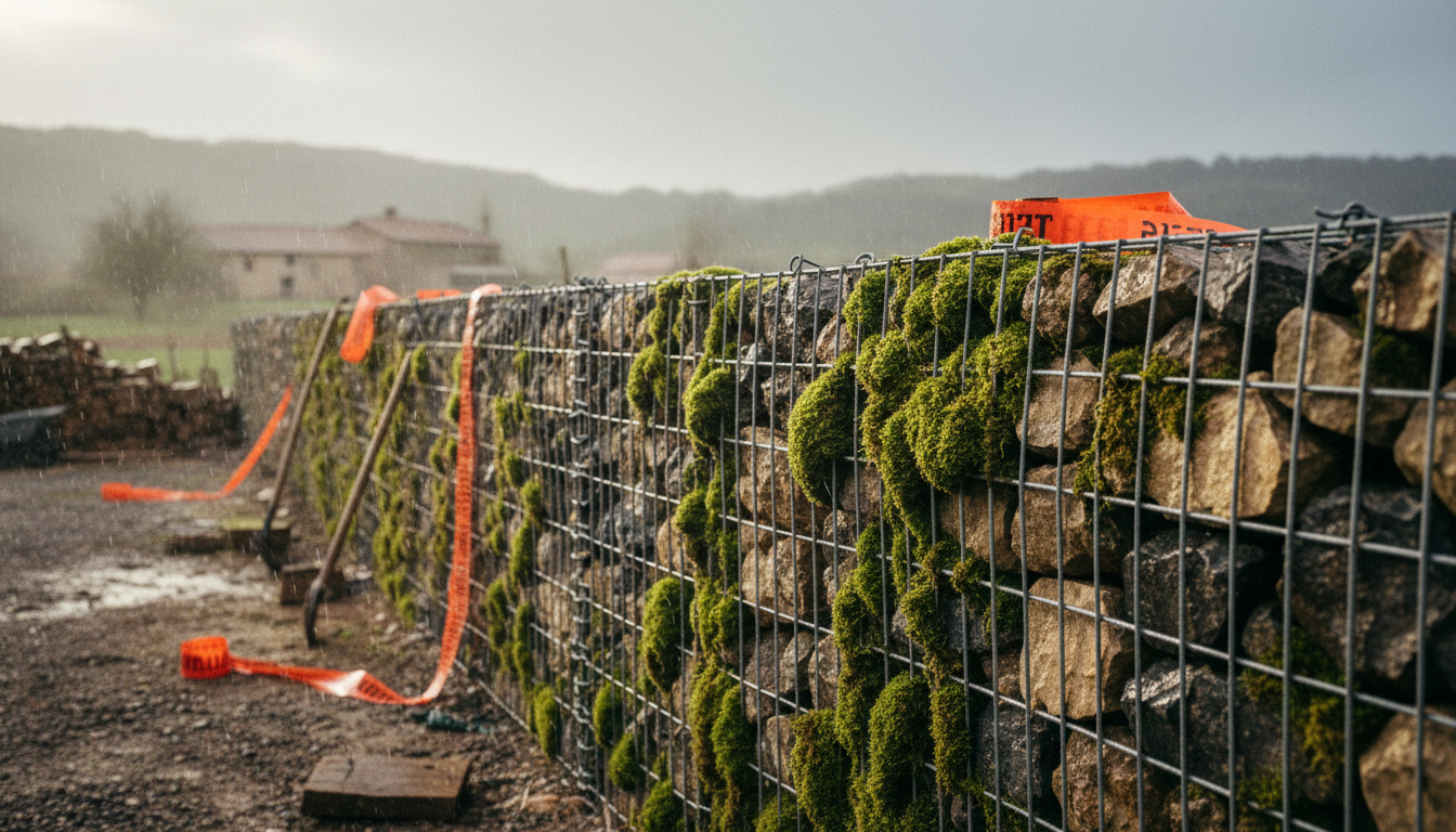 Mur gabion patiné par la mousse et les lichens dans un jardin breton, ambiance pluie fine et lumière grise documentaire