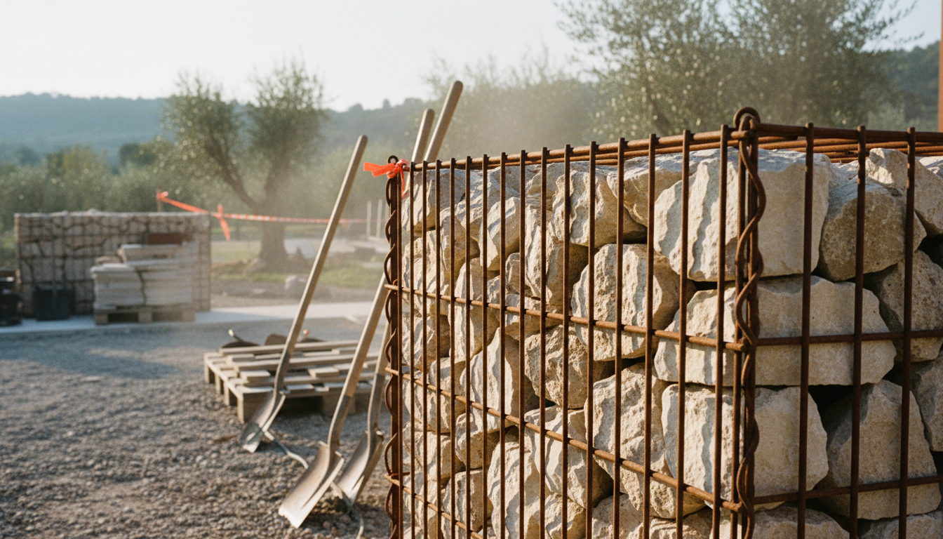 Gabion corten rouille patinée avec pierres calcaires claires jardin contemporain Drôme