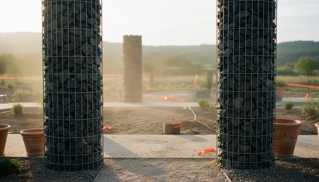 Deux colonnes gabion cylindriques encadrant un chemin dans un jardin contemporain