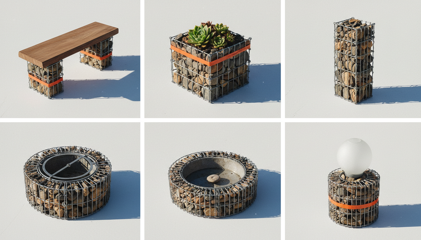 Composition des six éléments décoratifs en gabion : banc, jardinière, colonne, barbecue, vasque, lampadaire