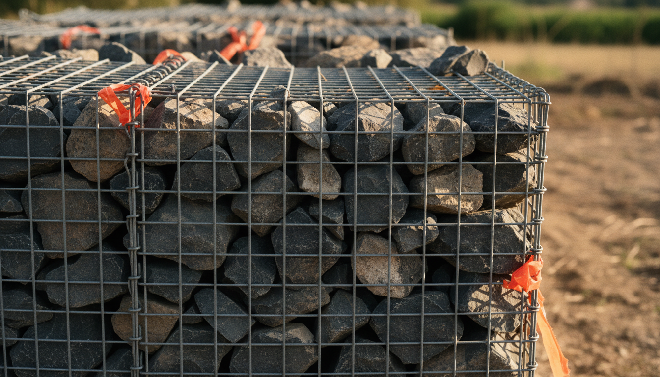Mur de gabion en double paroi de 2,5 m de haut en chantier, pierres visibles entre les deux rangées parallèles