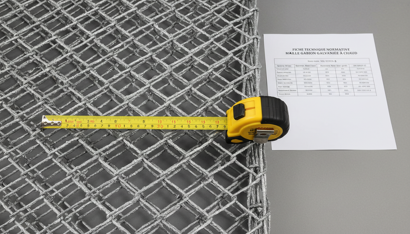 Gros plan sur un fil galvanisé à chaud d'une maille hexagonale de gabion, avec mètre ruban et fiche technique normative posée à côté