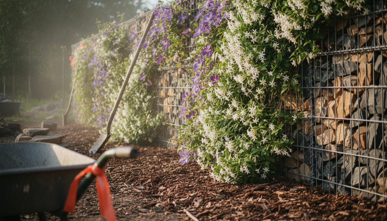 Mur gabion habillé de clématite mauve et jasmin étoilé blanc en pleine floraison