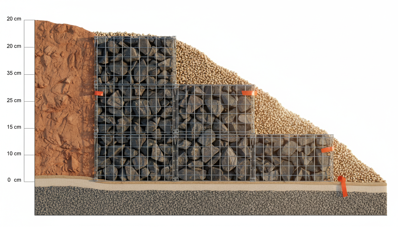 Coupe technique d'un mur gabion : fondation gravier 0/31,5, drainage arrière gravier et géotextile, remplissage pierres, dimensions en centimètres