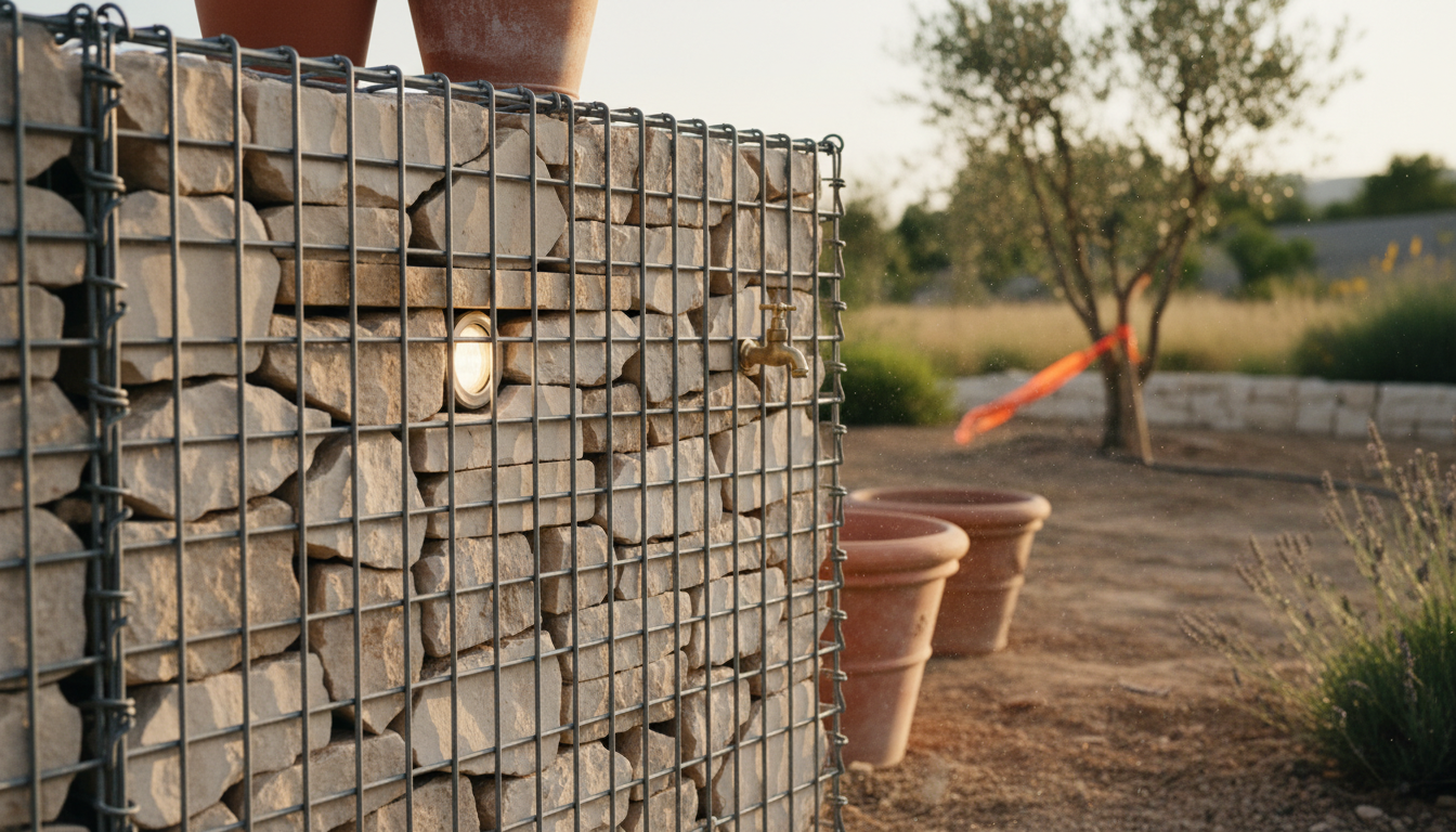 Mur gabion rempli de pierres calcaires avec spot LED IP67 encastré entre deux pierres plates, prise extérieure protégée et robinet de jardin en pied de cage, jardin drômois fin de journée