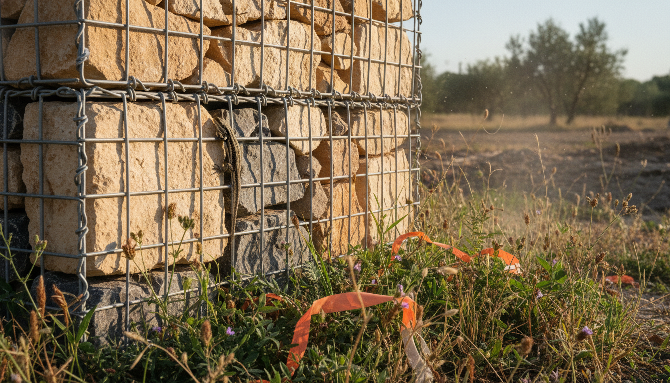 Lézard des murailles sur pierre d'un mur gabion en Drôme, plantes sauvages à la base du mur