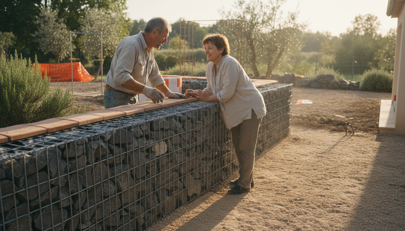 Deux voisins discutent par dessus un muret en gabion dans un jardin pavillonnaire, lumière de fin de journée