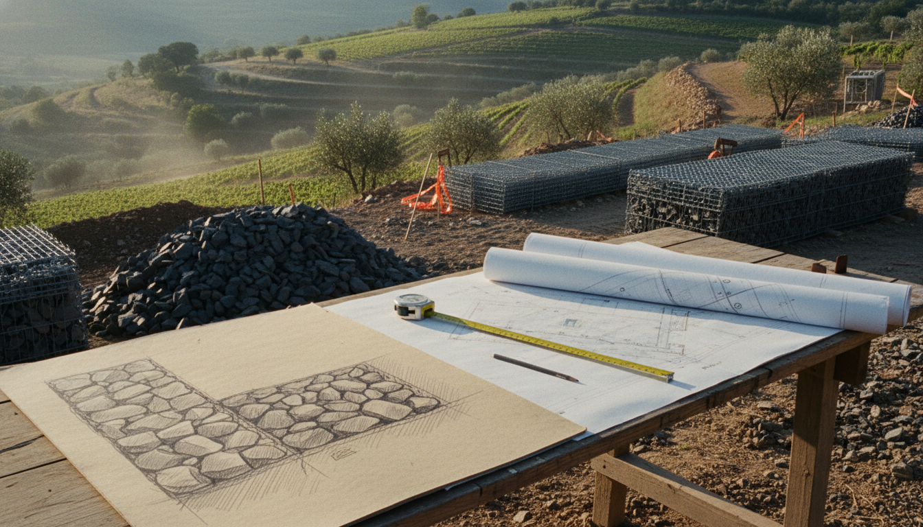 Bureau de paysagiste avec plans de PLU et croquis de mur gabion, mètre ruban et crayon