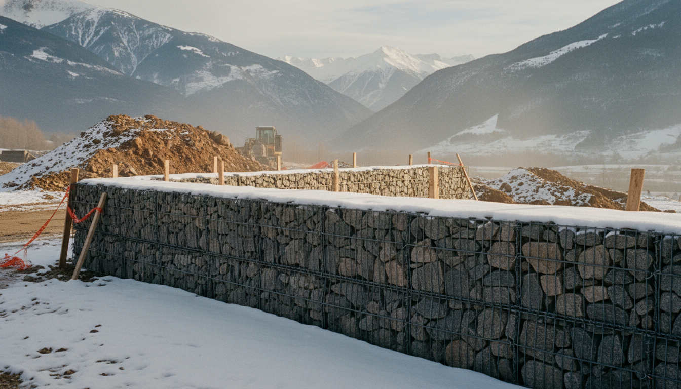 Mur gabion en pierres granite couvert de neige fraîche sur le dessus, paysage hivernal Alpes, ciel froid