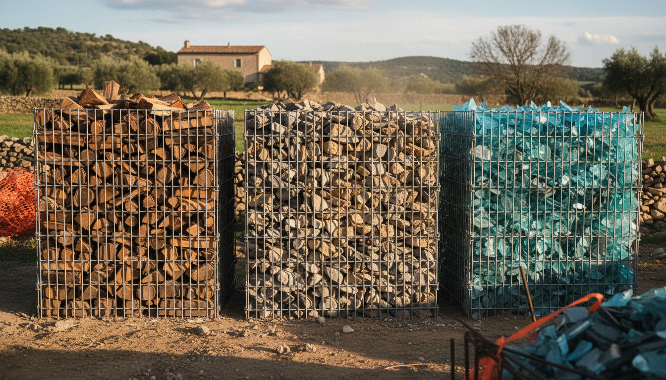 Trois gabions alignés remplis de matériaux différents : rondins de chêne à gauche, béton recyclé concassé au centre, blocs de verre bleu à droite