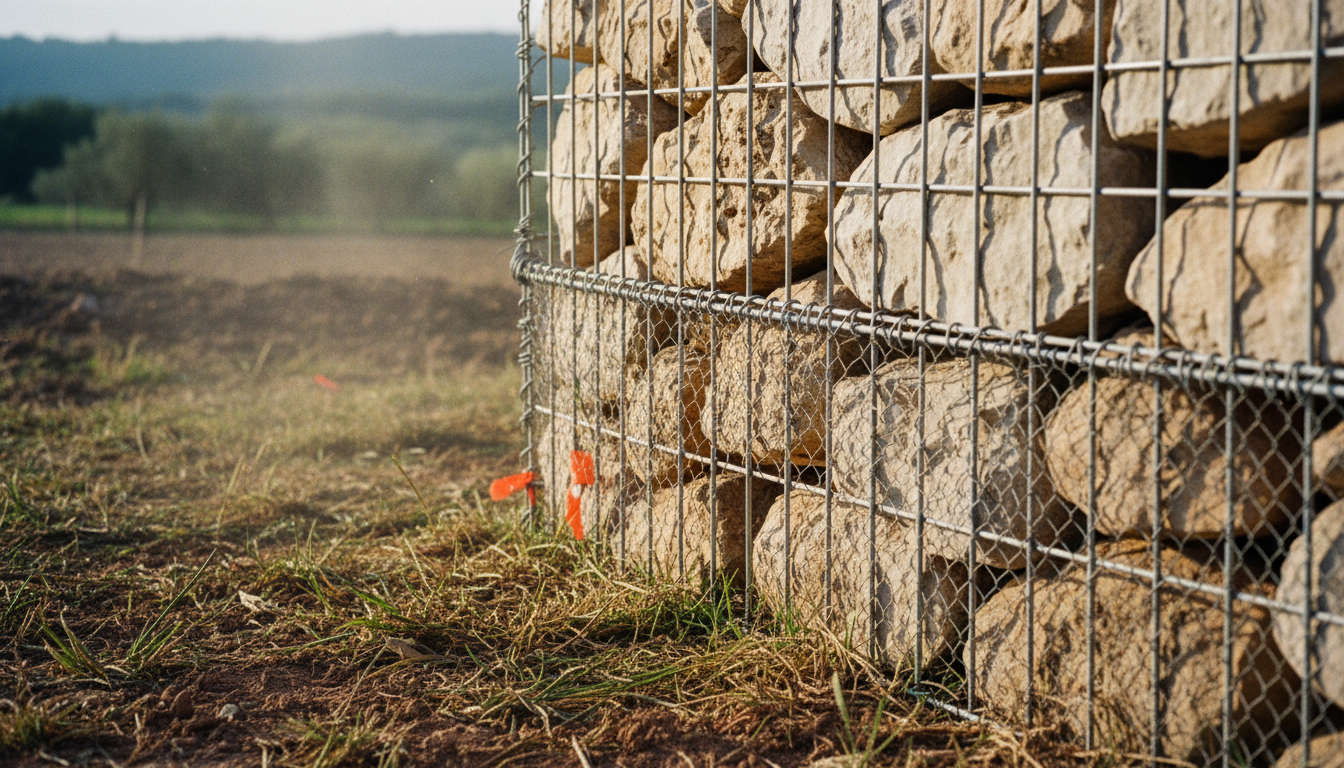 Pied d'un mur gabion avec un grillage fin anti-rongeur rabattu en jupe sous la première cage, pierres calcaires grosses, végétation basse taillée ras dans un jardin drômois