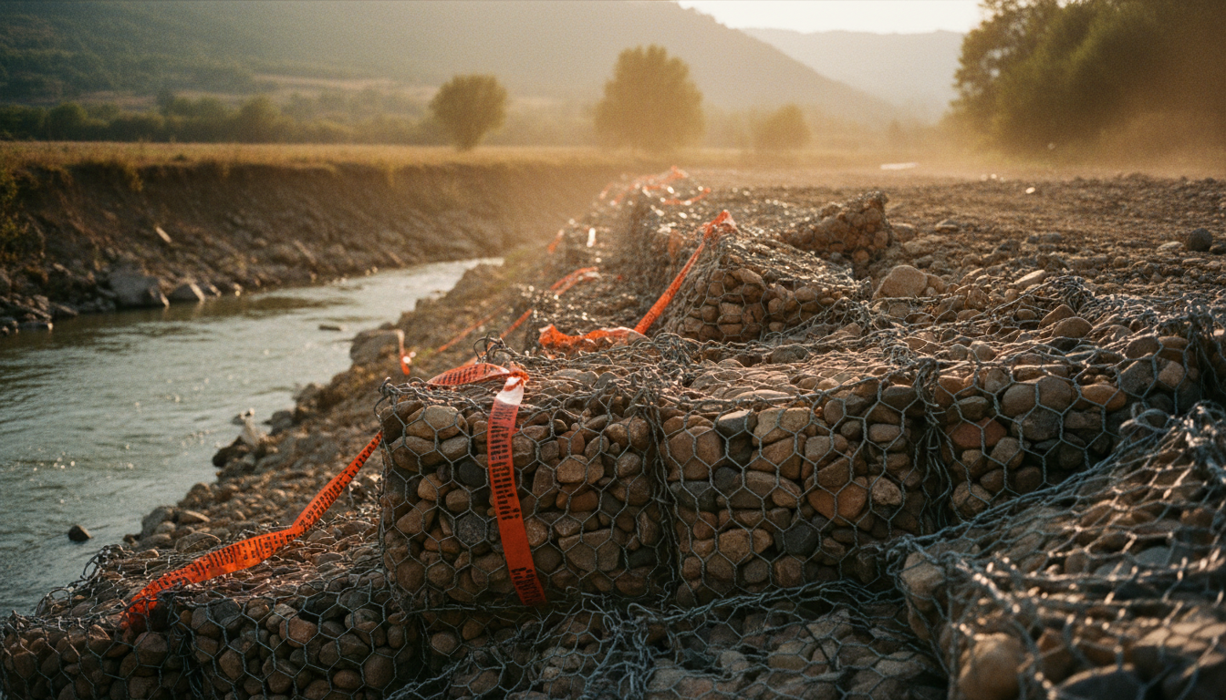 Sacs en grillage remplis de pierres empilés pour stabiliser une berge érodée, pose d'urgence type barrière anti-inondation