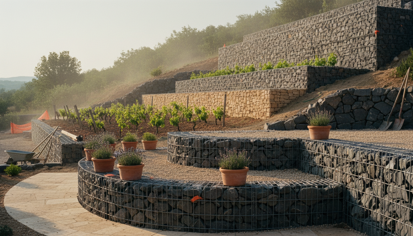 Trois applications de mur gabion de soutènement dans des jardins : bordure de terrasse, terrasse viticole, stabilisation de coteau