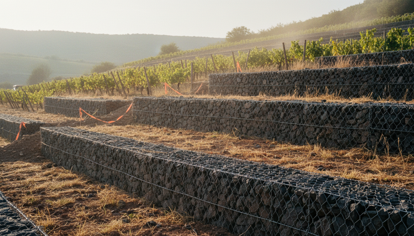 Mur en gabion monté en redans sur un talus drômois, stabilisation d'une parcelle de vigne en coteau