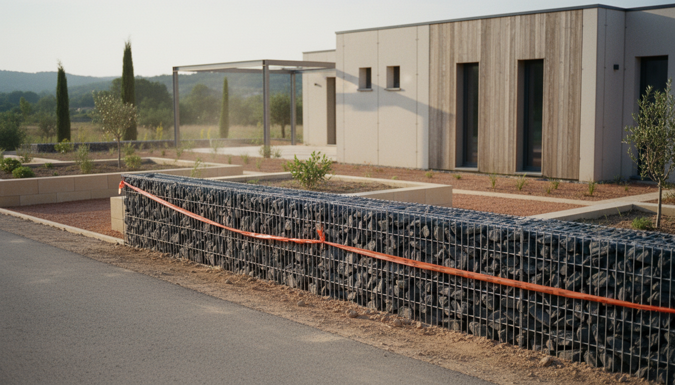 Belle maison contemporaine avec muret gabion propre et jardin aménagé vue depuis la rue
