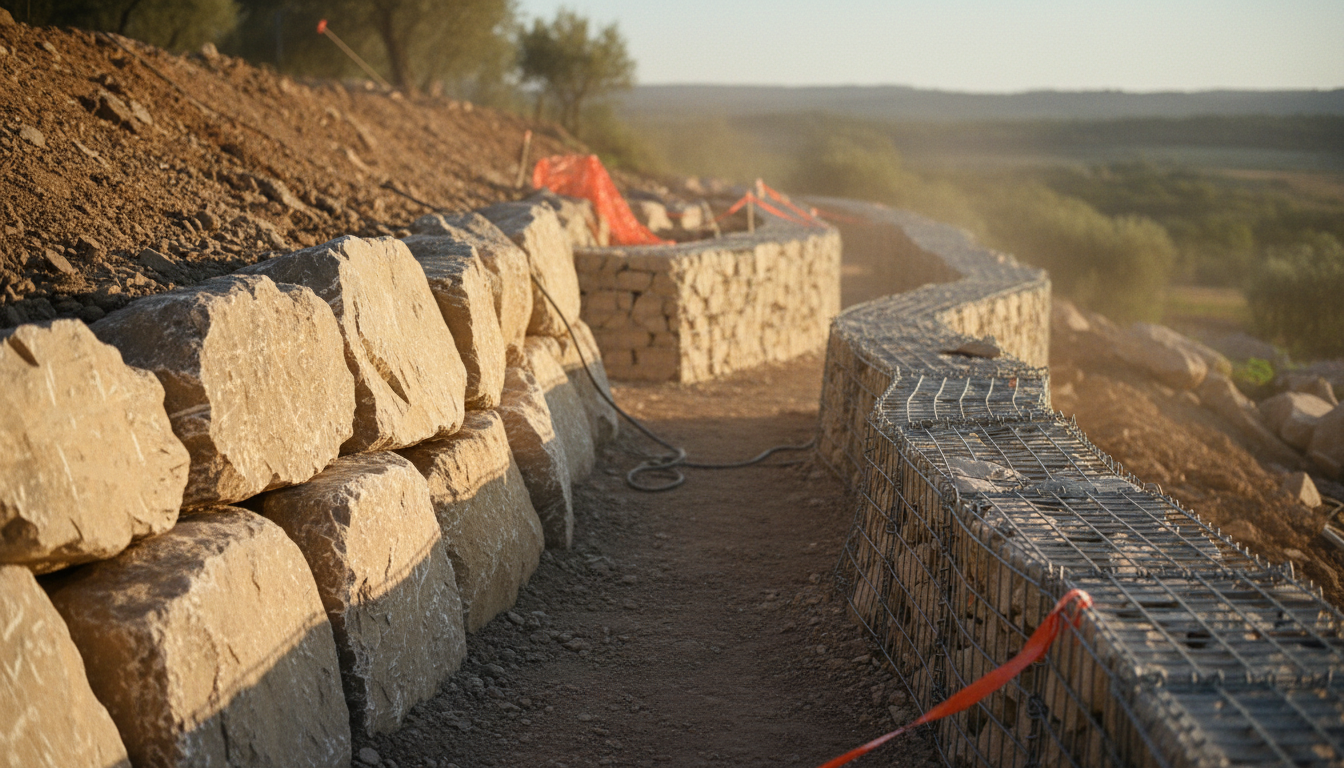 Talus soutenu à gauche par un enrochement de gros blocs calcaires posés à la pelle et à droite par un mur de gabions calcaires, chantier paysagé Drôme