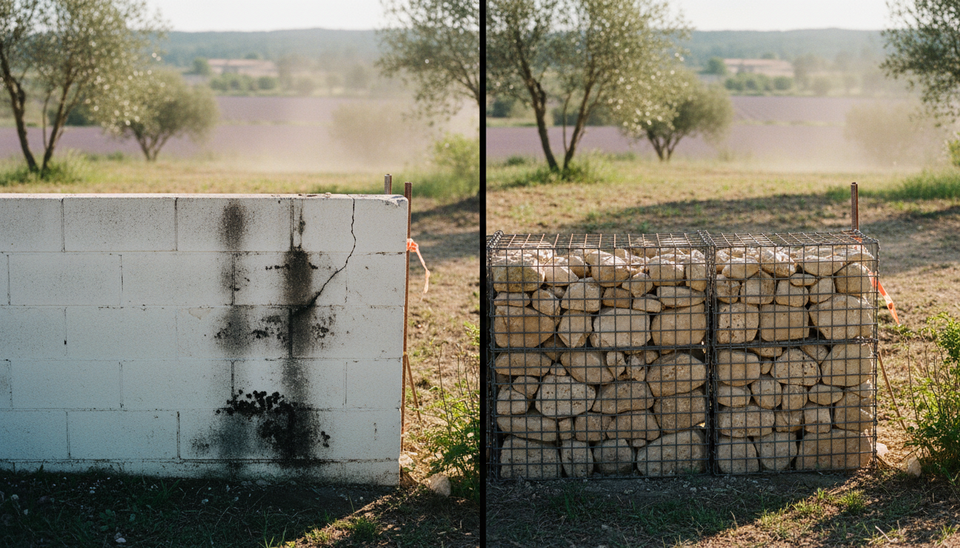 Muret parpaing enduit blanc avec fissure à gauche, mur gabion pierre calcaire à droite, comparaison directe en jardin Drôme