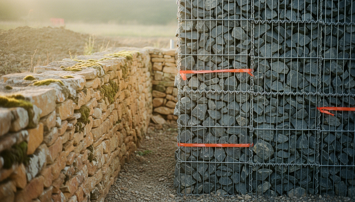 Deux murs côte à côte : à gauche un muret en pierre sèche traditionnel de Drôme provençale, à droite un mur gabion contemporain — comparaison visuelle en lumière diagonale