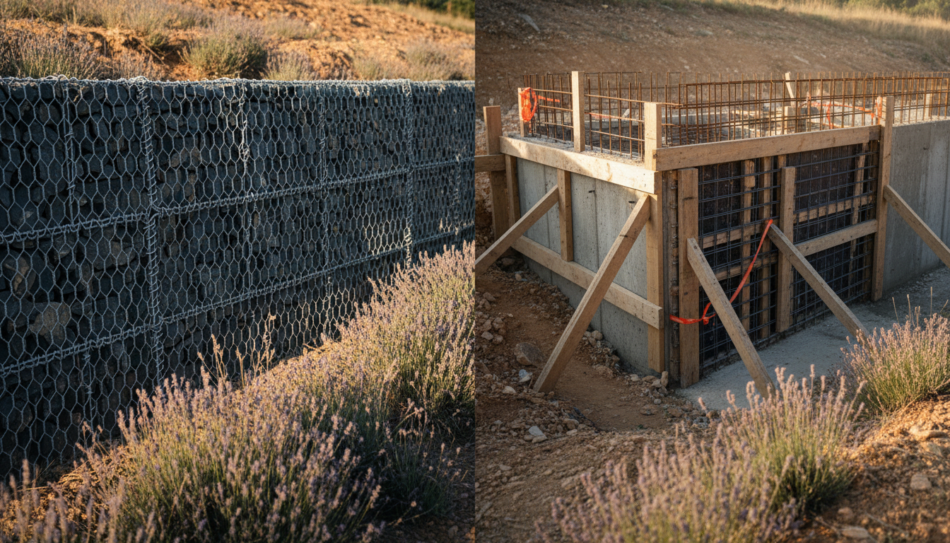 Deux murs de soutènement côte à côte, mur gabion imposant à gauche et mur béton armé en cours de ferraillage à droite