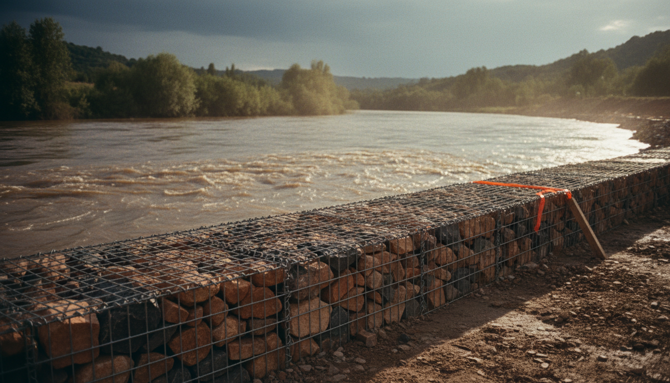 Enrochement de berge en gabion au bord d'une rivière en crue, pierres visibles à moitié submergées, ciel gris après orage en Drôme