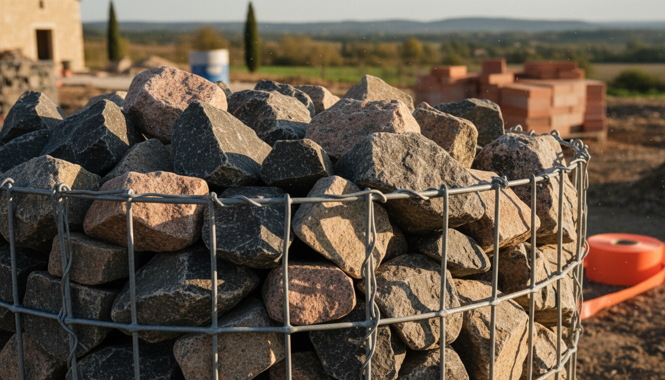 Tas de pierres de granite de différentes couleurs pour gabion, gris, rose et noir, calibre 80-150 mm, texture cristalline en lumière naturelle