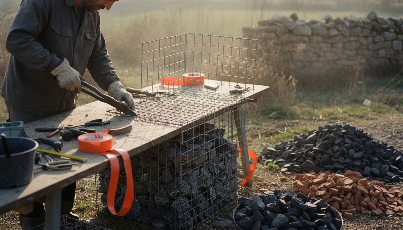 Panneaux de grillage soudé galvanisé découpés et pliés par un artisan pour assembler une cage de gabion sur mesure