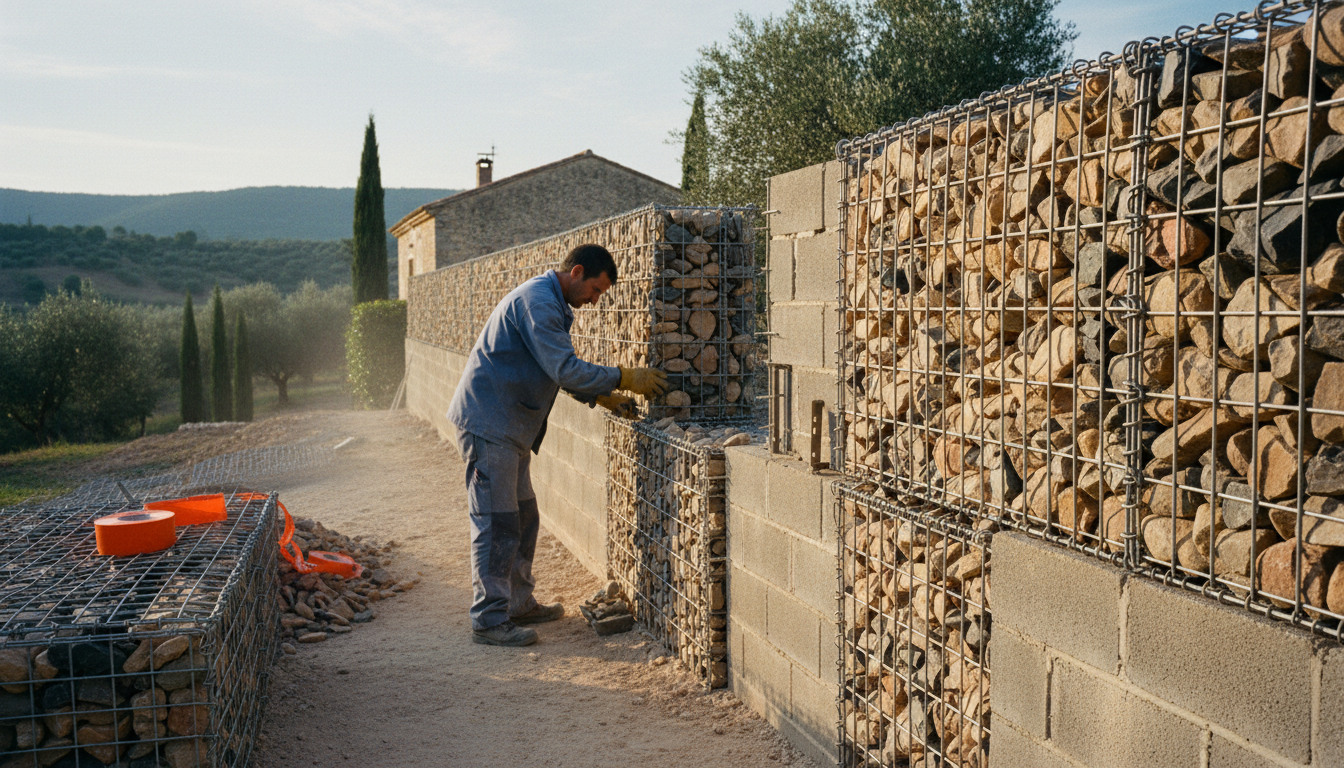 Gabion fin de 12 cm fixé contre un mur parpaings pour créer un parement pierre