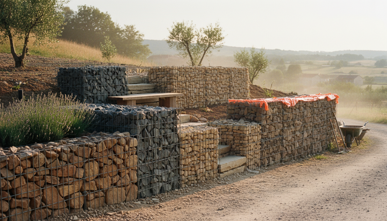 Quatre murs en gabion de hauteurs différentes : 50 cm, 1 m, 2 m, 3 m côte à côte avec leur contexte d'usage