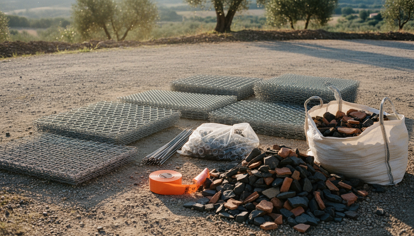 Kit gabion complet déballé sur une allée : panneaux grillagés à plat, tirants, spirales, agrafes et big-bag de pierres